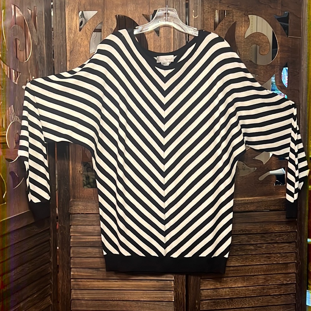EUC XL Spiegel black and off white striped sweater with dolman sleeves.